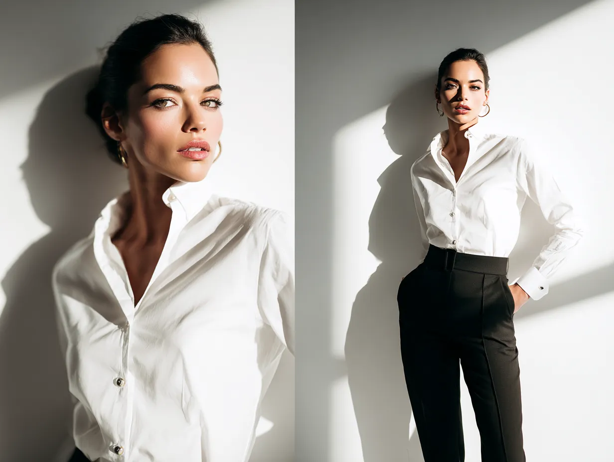 Essential curated closet foundation with white shirt and black trousers