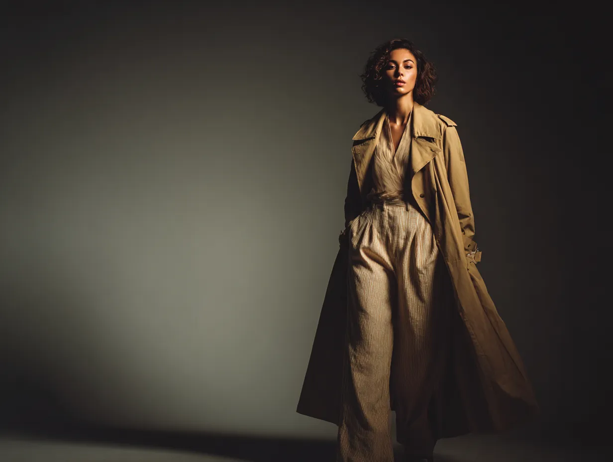 High contrast magazine photoshoot of monochromatic beige fashion