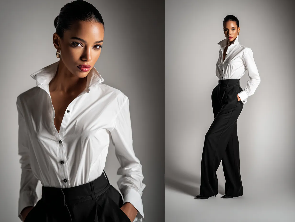 Model showcasing a minimalist capsule wardrobe in a bright studio