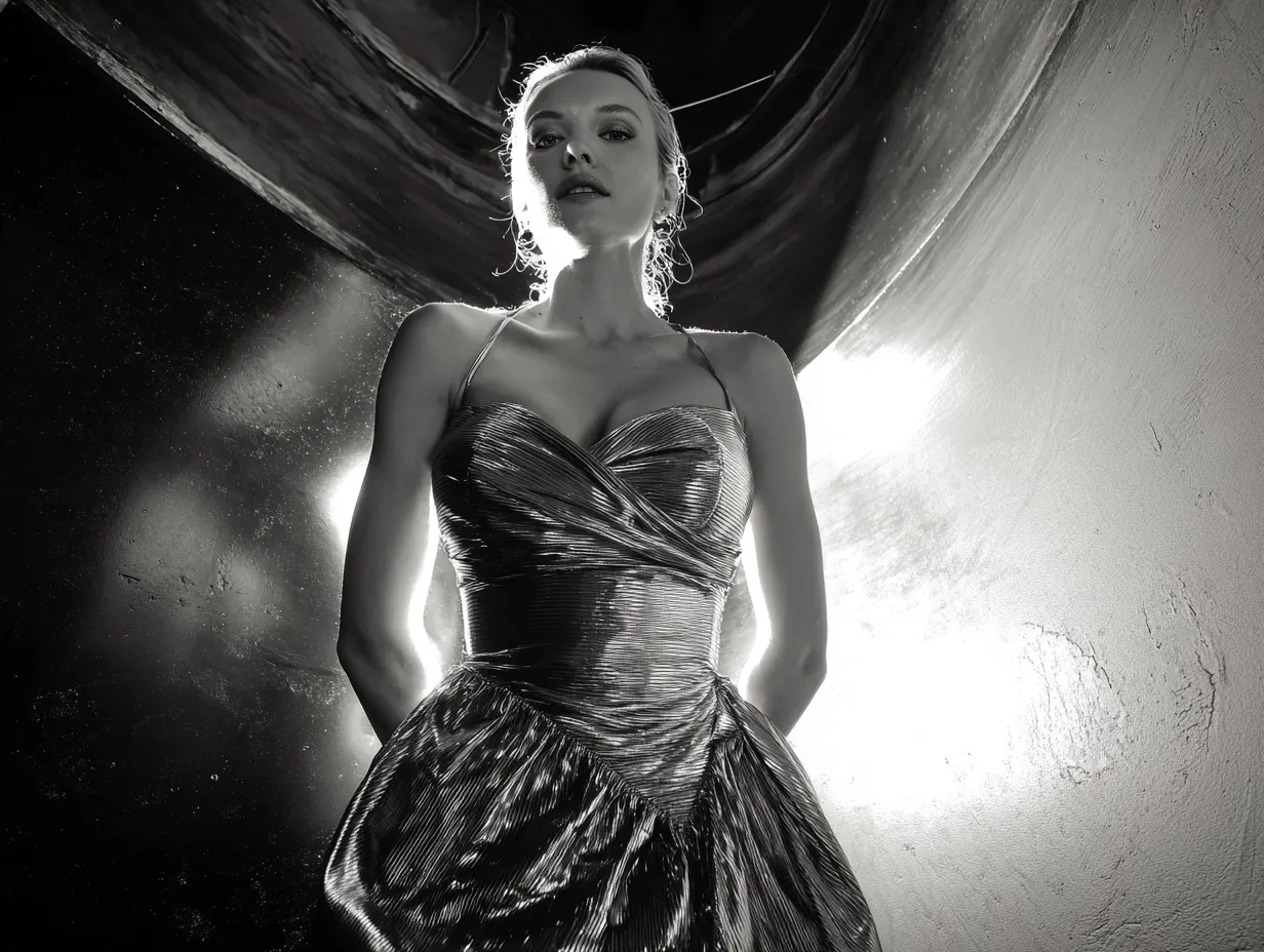 Powerful standing pose in architectural dress