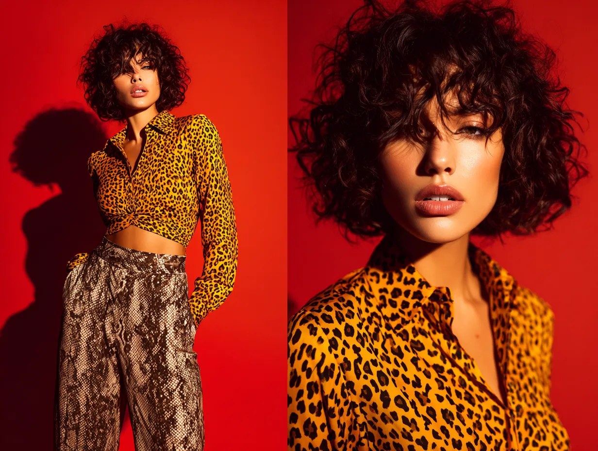 Fashion photoshoot featuring mixed animal patterns