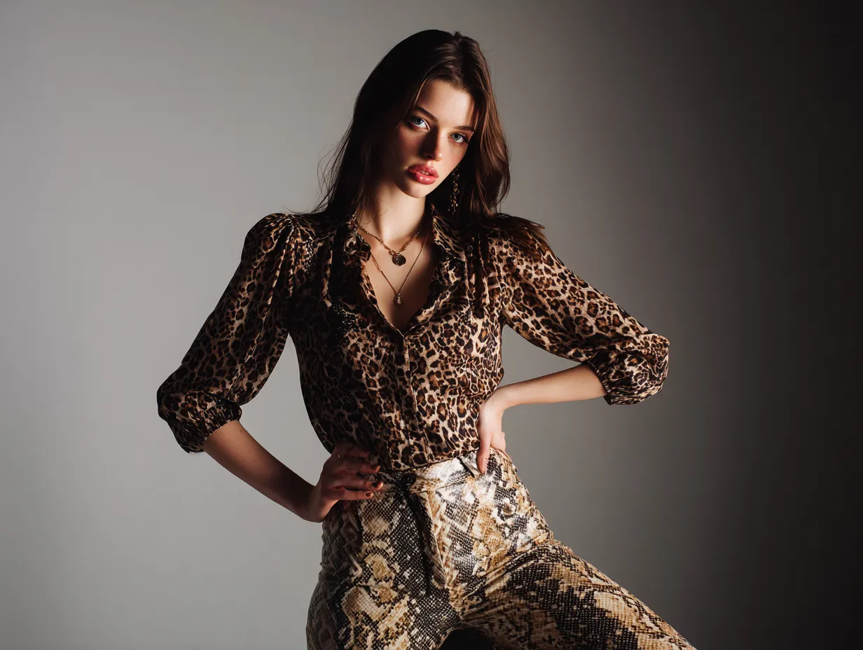 Trendy outfit inspiration with leopard blouse and snake pants
