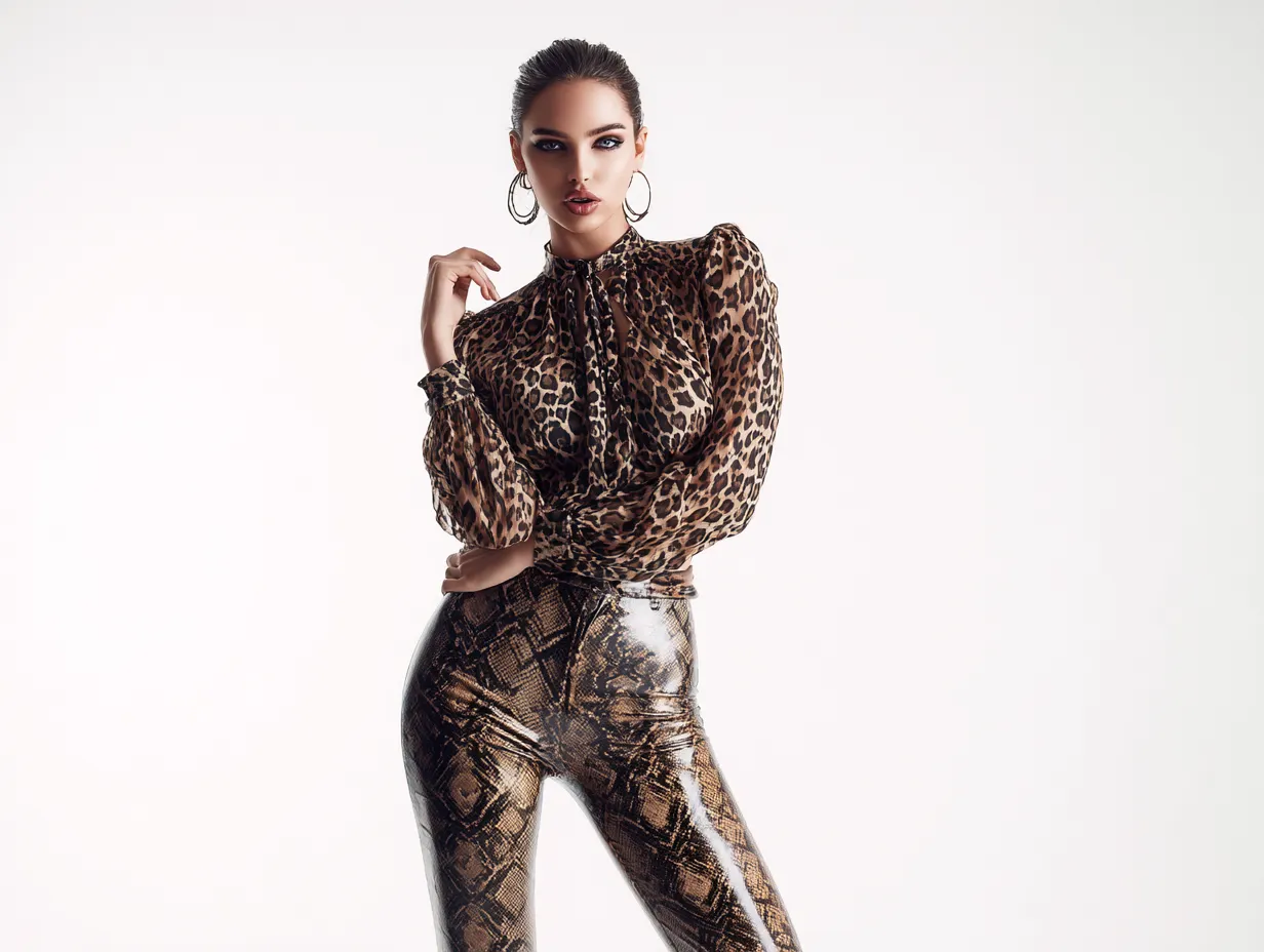 High contrast image of a woman mixing wild prints