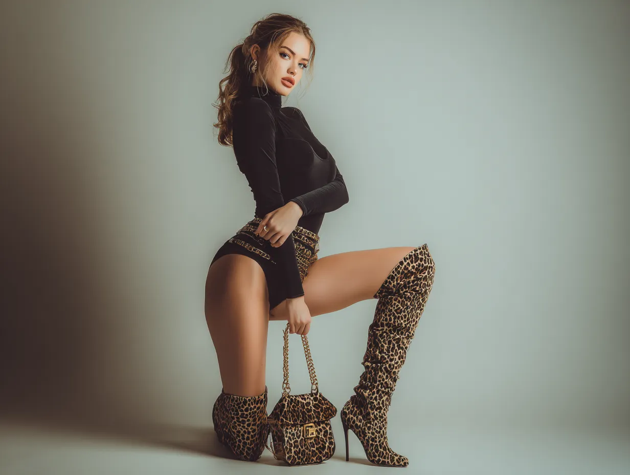 Model wearing solid black with bold animal print accents