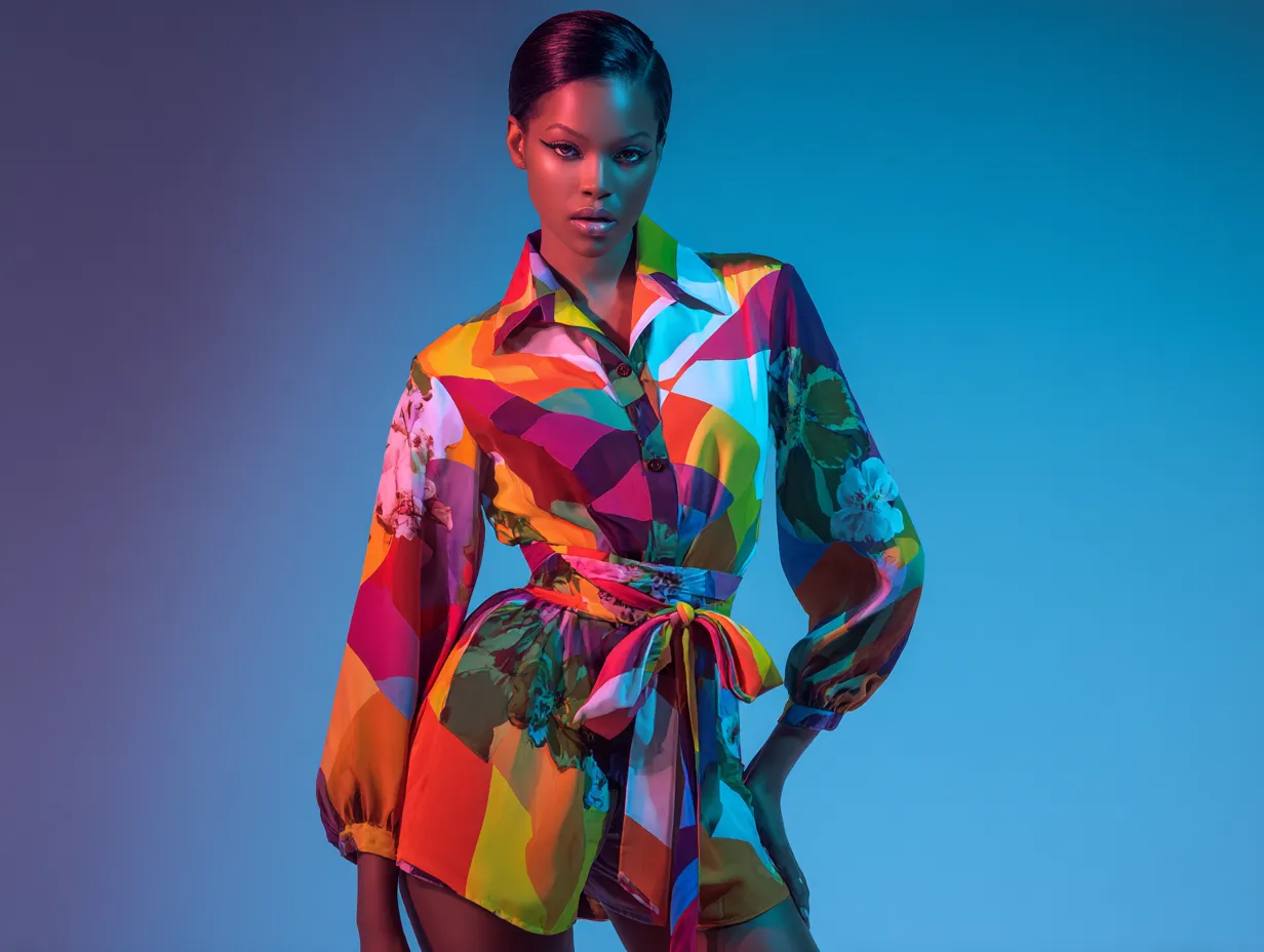 High contrast fashion photography of vividly printed garments