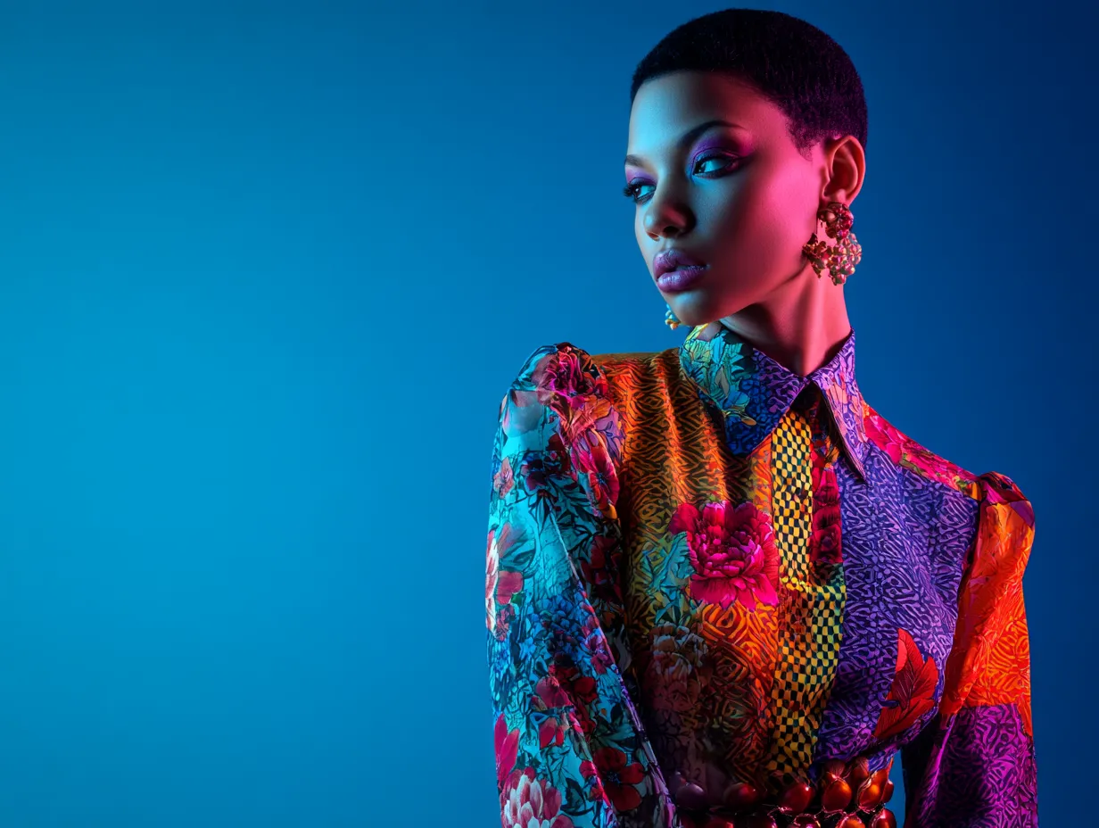 High fashion editorial featuring a mix of striking motifs