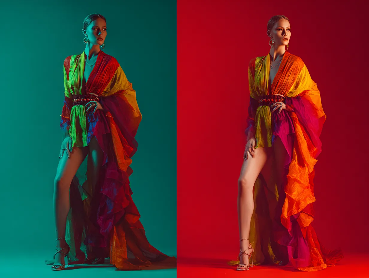 Sexy standing pose featuring dynamic and striking clothing designs