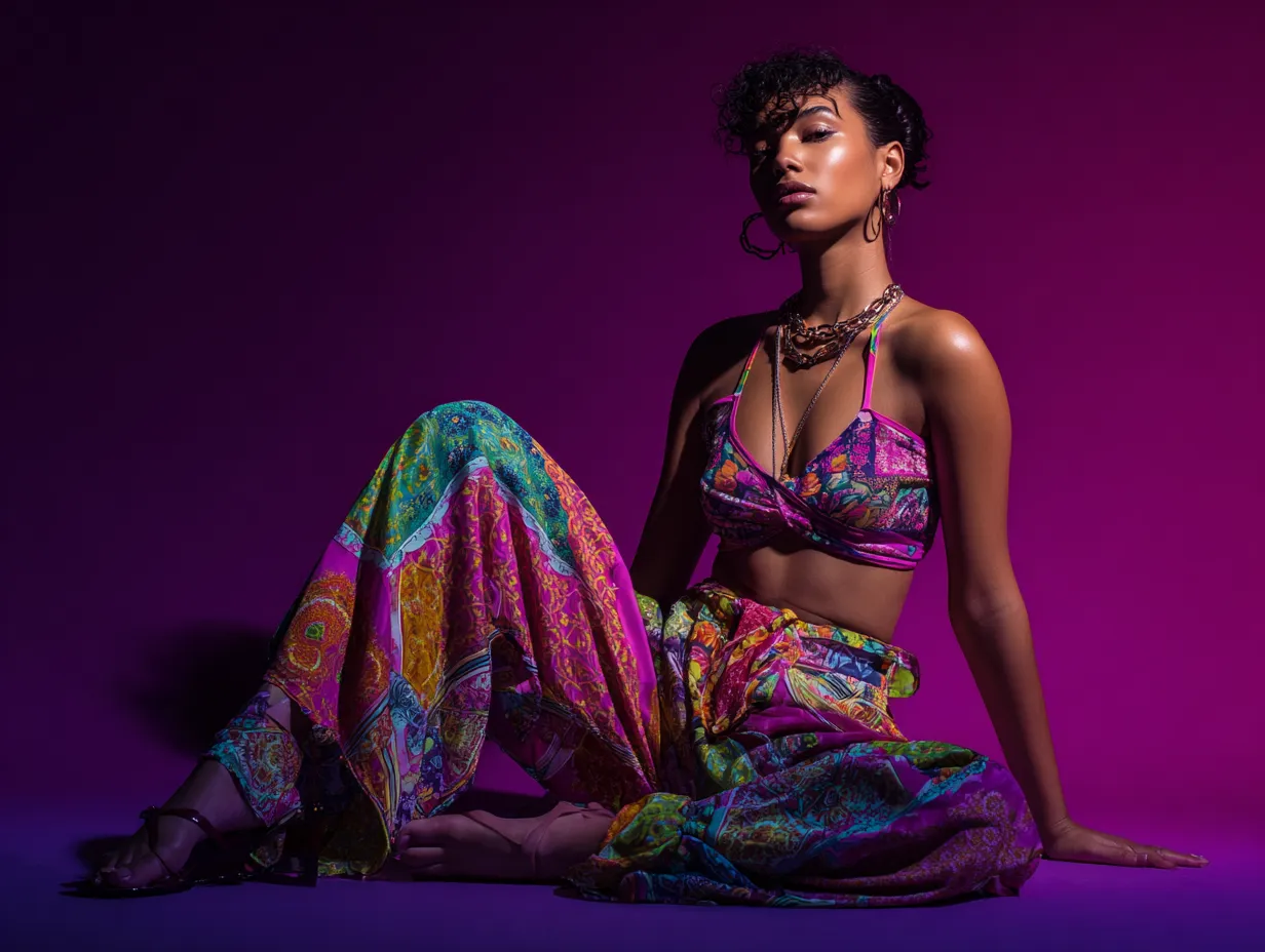 Bright studio shot of a model wearing loud and bright motifs