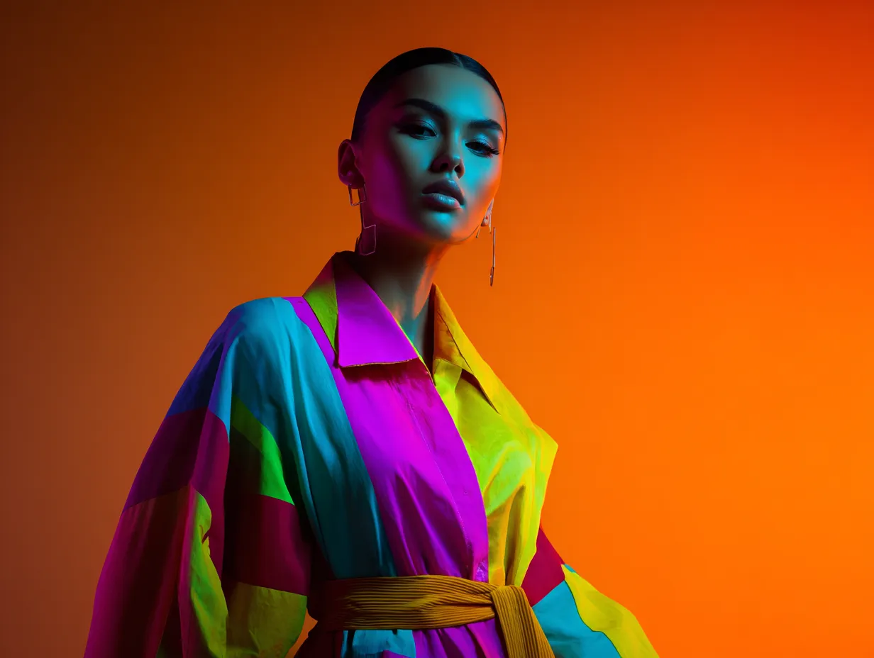 Luxurious studio photoshoot of model in striking textile designs