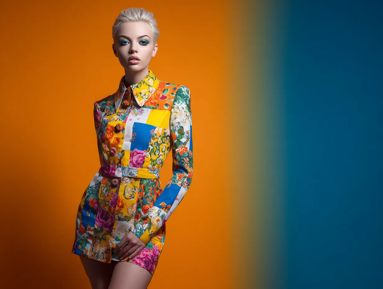 Model in bright studio wearing clashing geometric and floral clothing