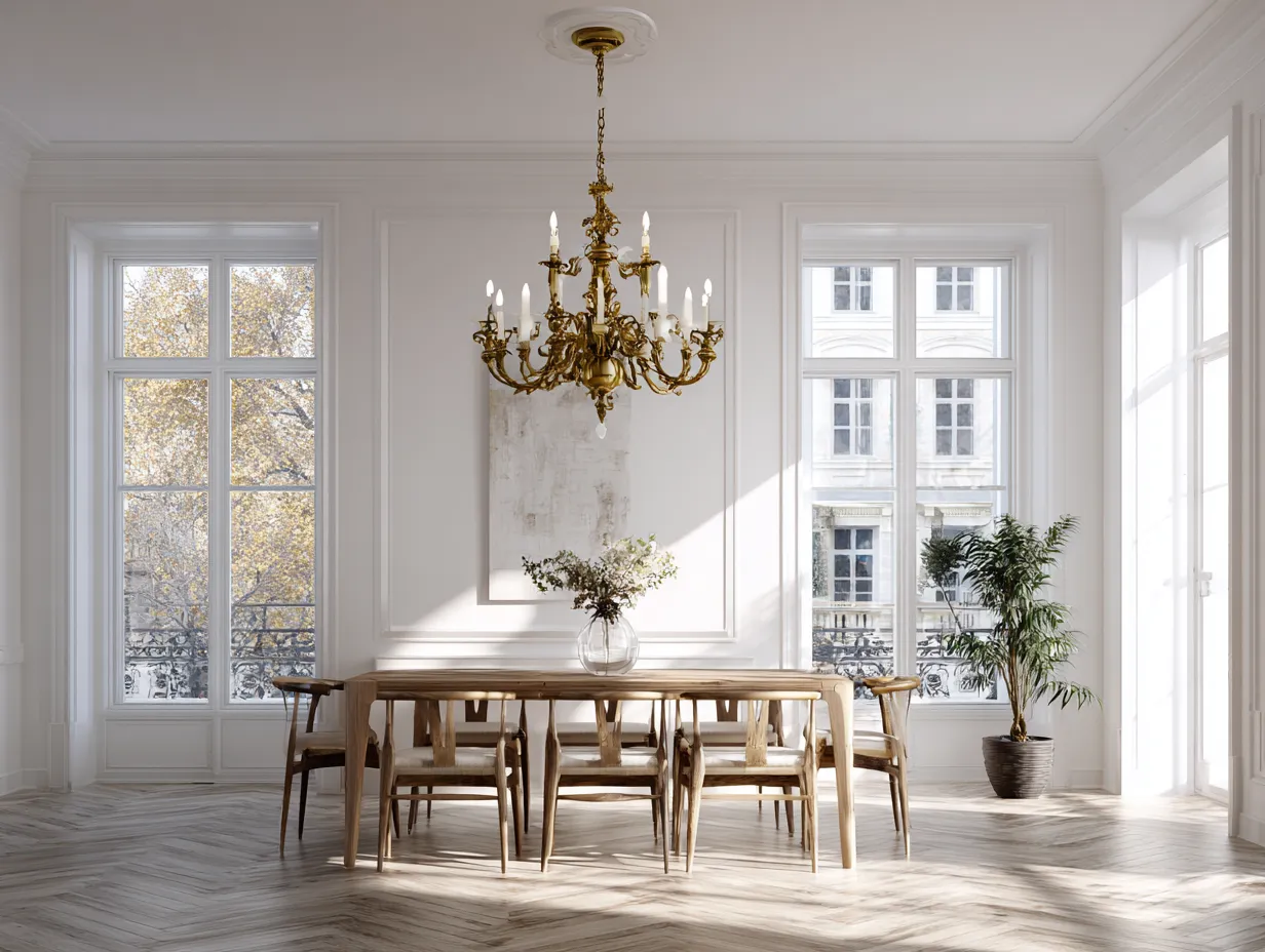 Ornate vintage brass chandelier in a modern room
