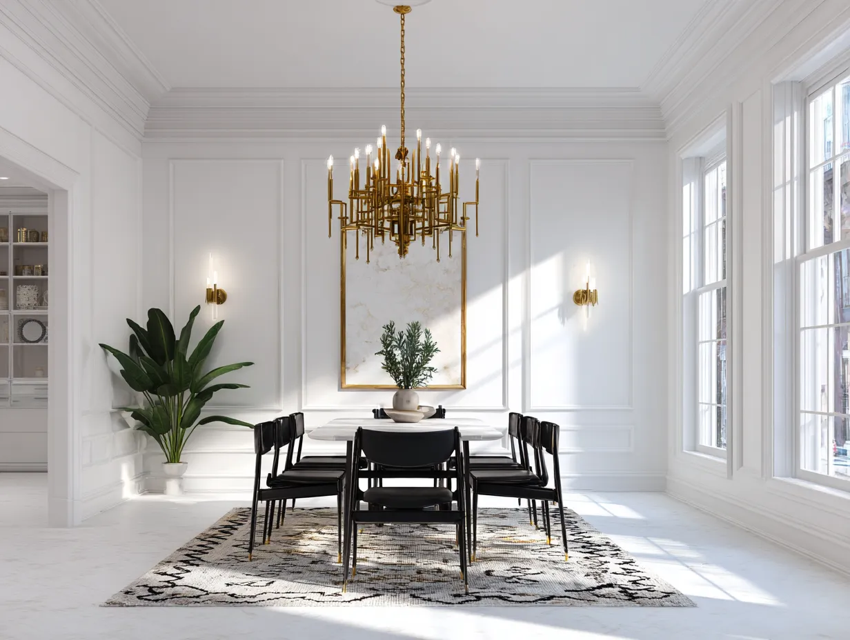 Curated calm dining space with brass fixtures
