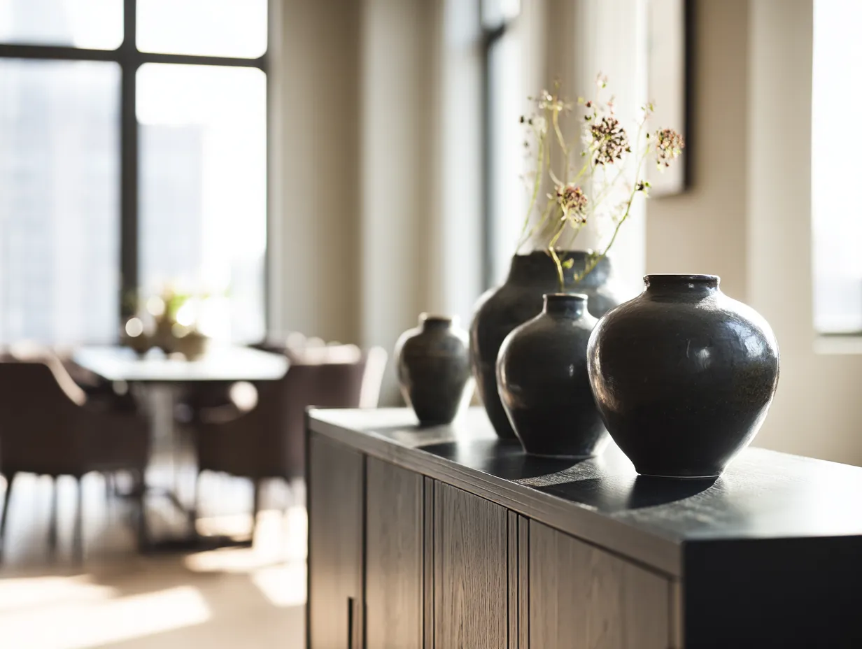 Delicate vintage porcelain vases on a matte black sideboard