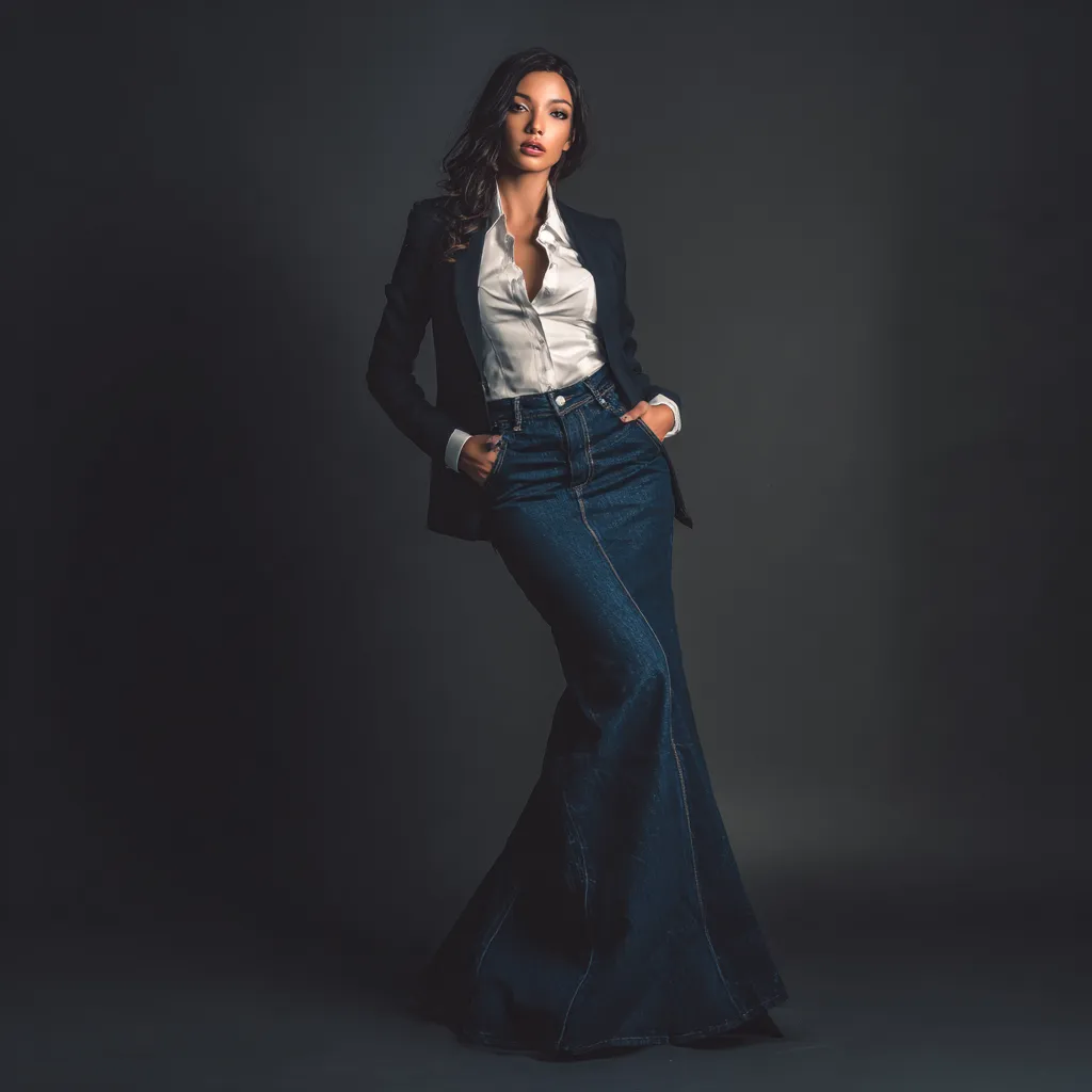 Sexy standing pose in business casual denim attire