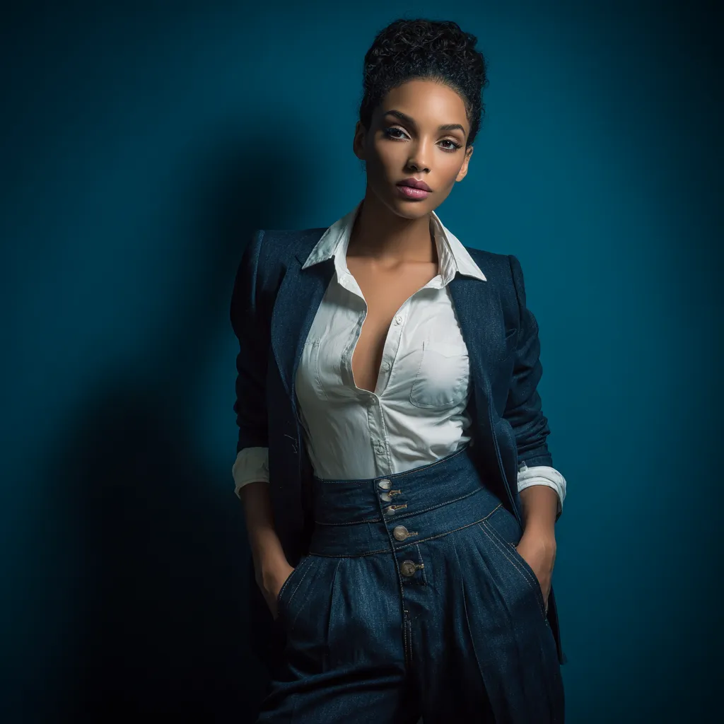 Professional office styling featuring a tailored denim maxi