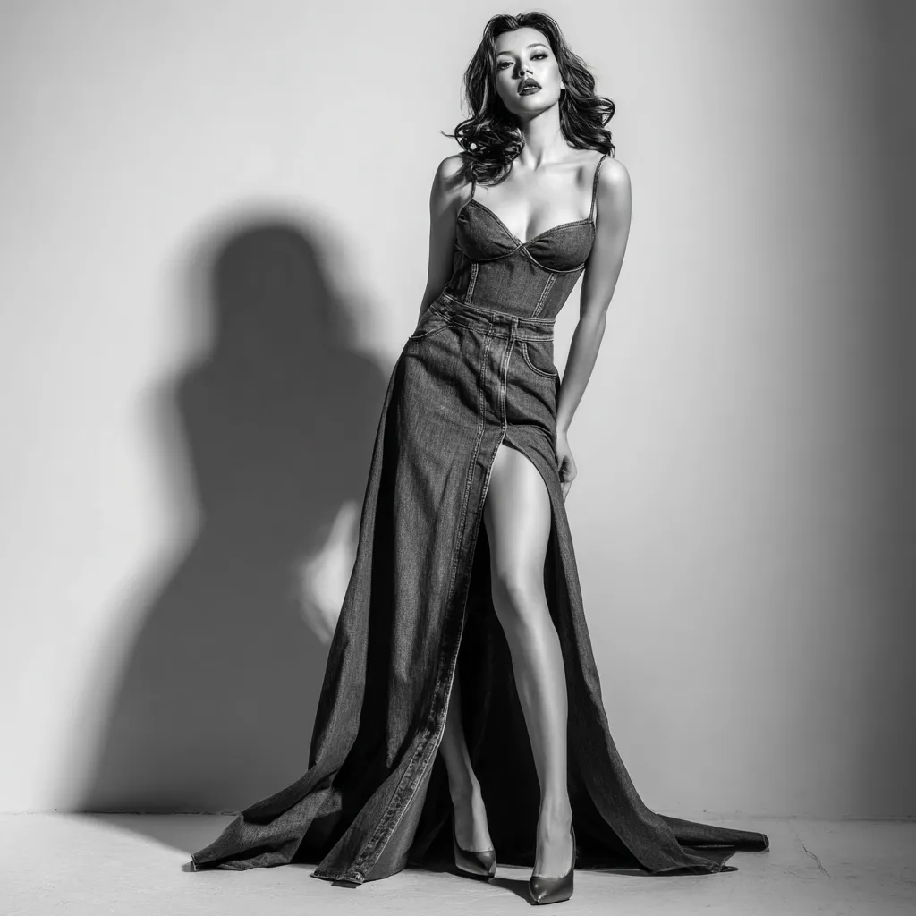 Sexy standing pose in high fashion evening denim