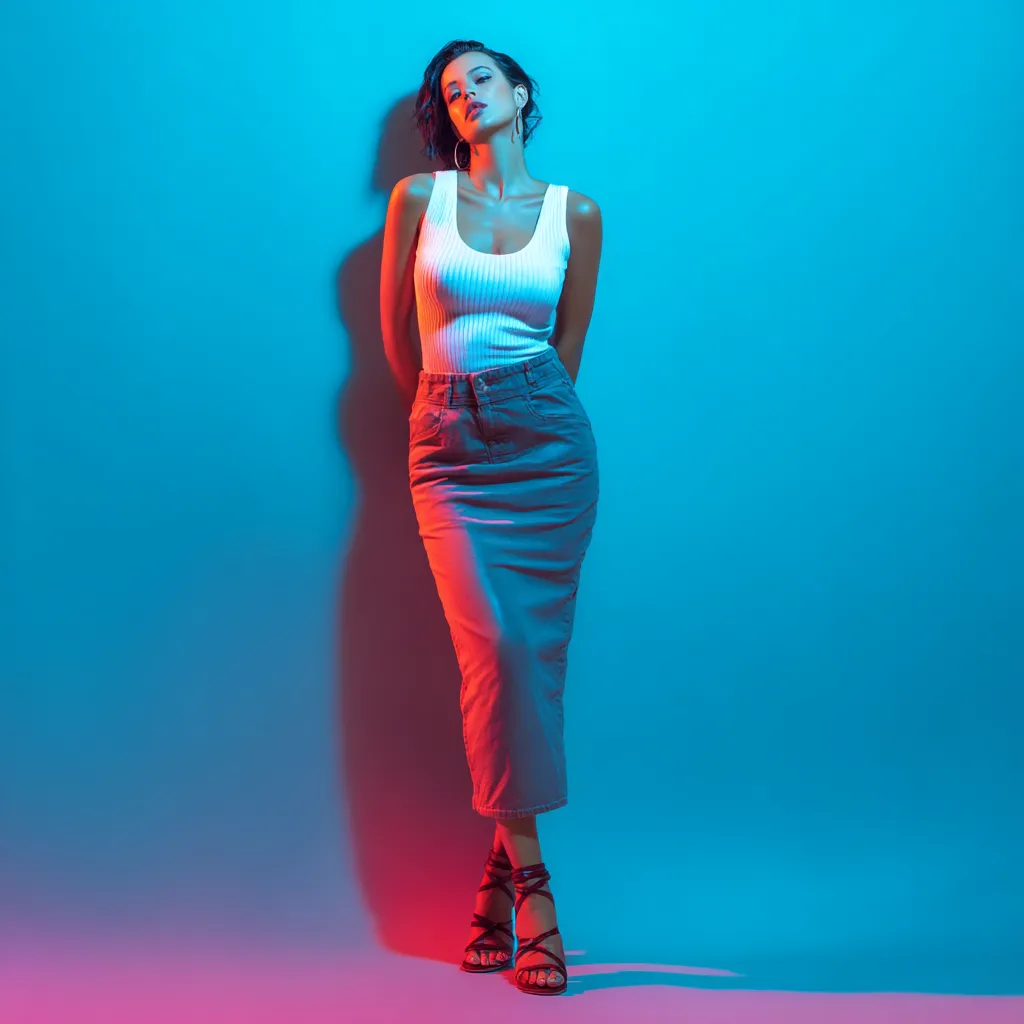 Sexy standing pose in daytime denim fashion