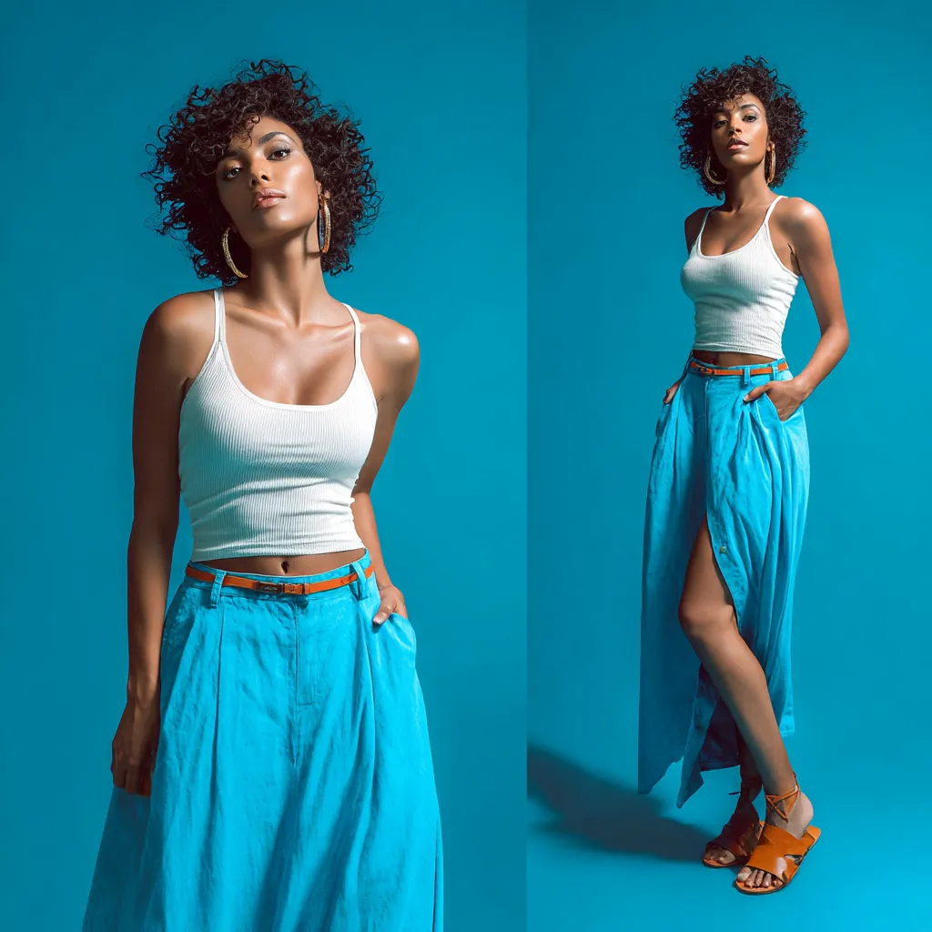Woman modeling casual weekend wear featuring a long denim skirt