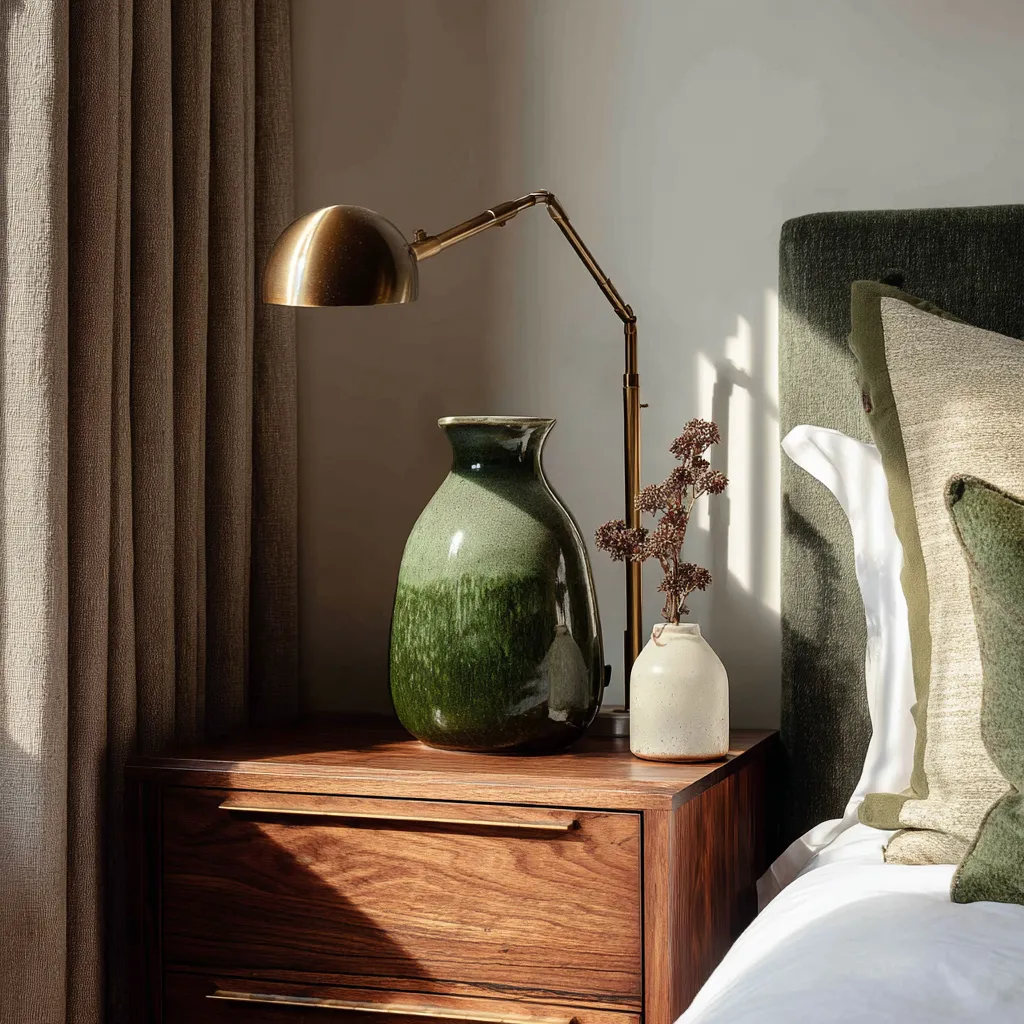 Moss green ceramic vase sitting in bright natural light