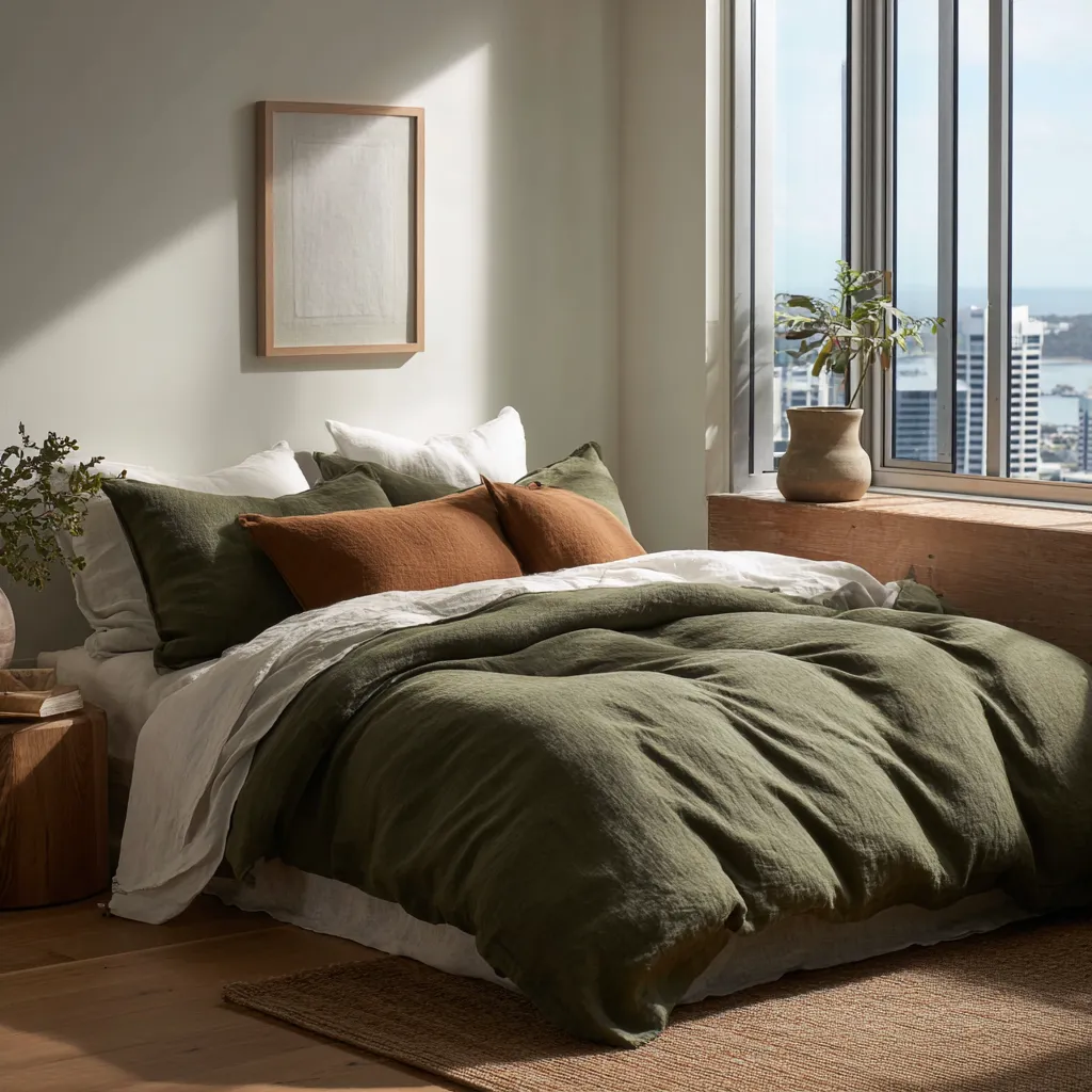 Crisp white sheets contrasted with warm eucalyptus throw pillows