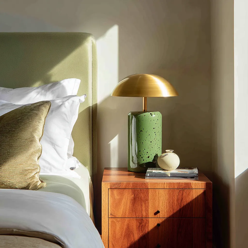 Close up of a warm eucalyptus bedside table with a brass lamp