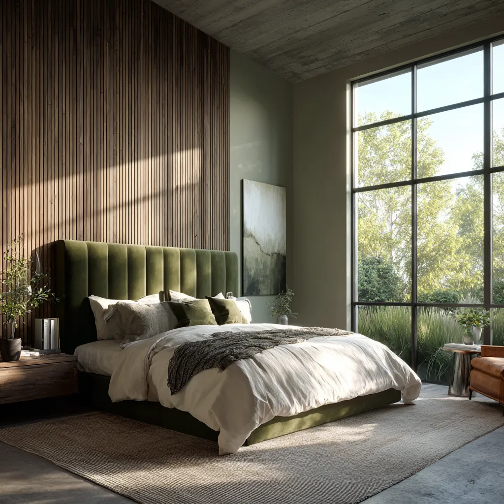 Modern sleeping space featuring warm eucalyptus walls