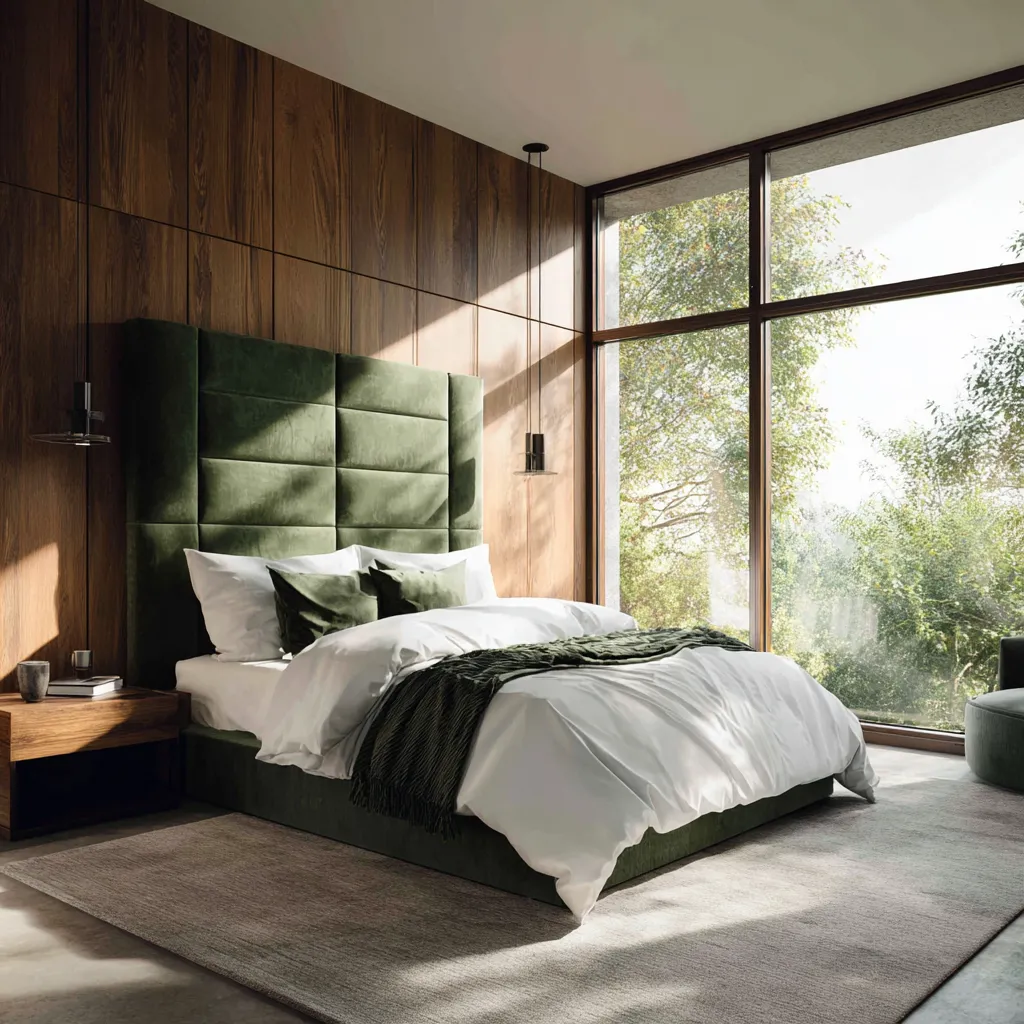 High contrast room design with a dark moss green velvet headboard