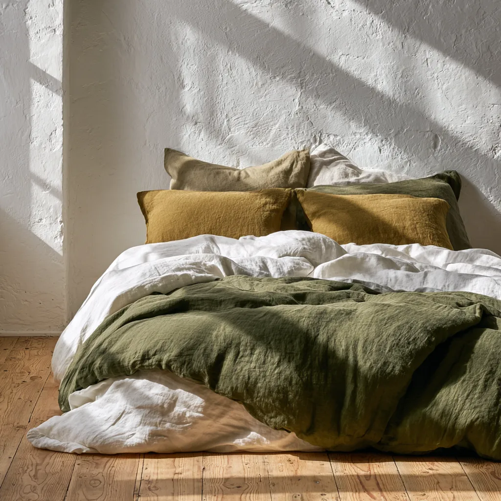 Sunlit sleeping space featuring a layered moss green heavy linen duvet