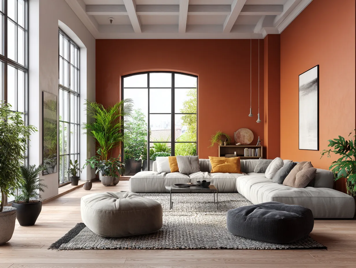 sleek furniture with warm clay walls