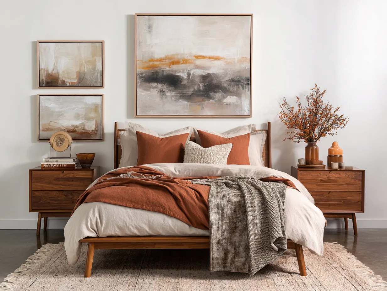 contemporary decor with warm rust bedding