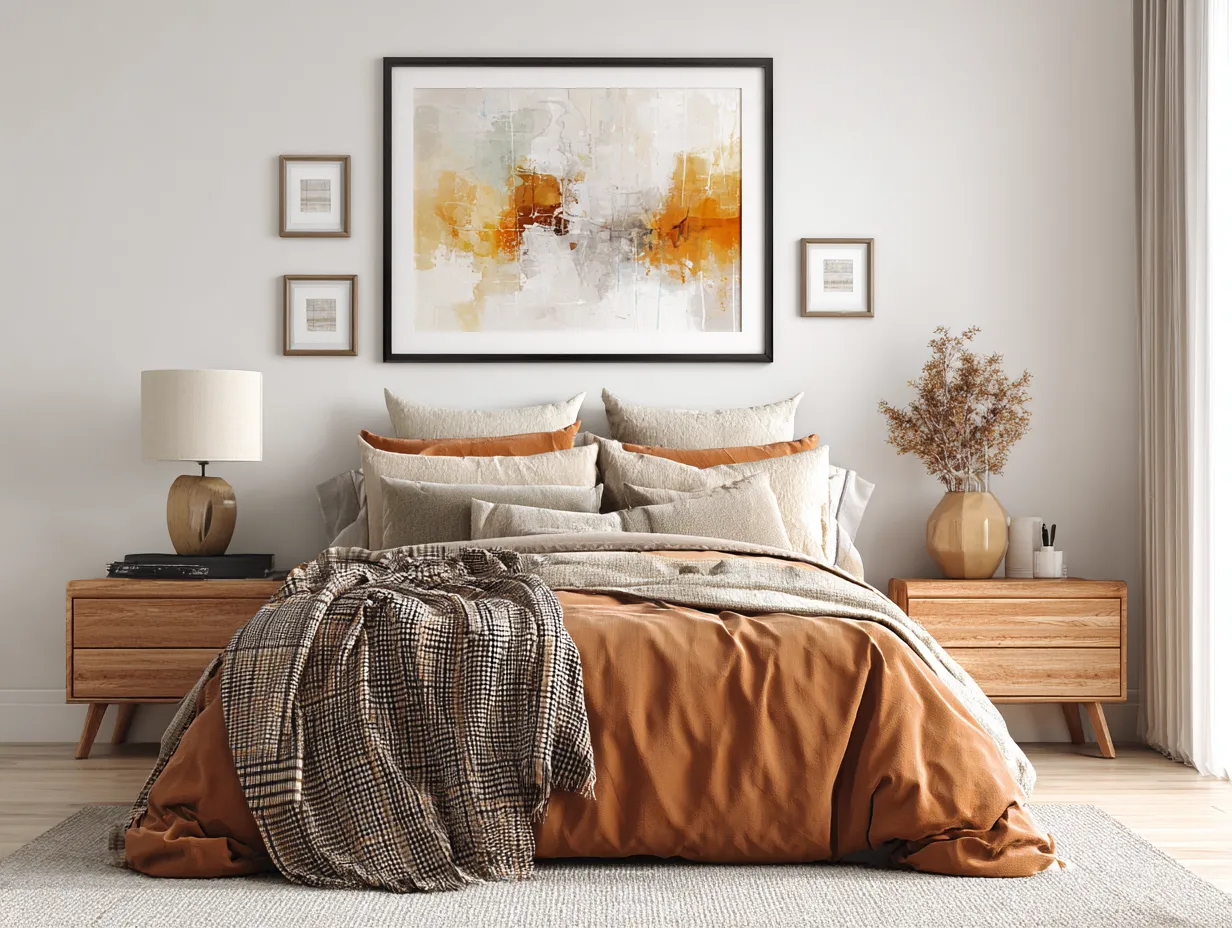 bright high contrast clay bedroom interior