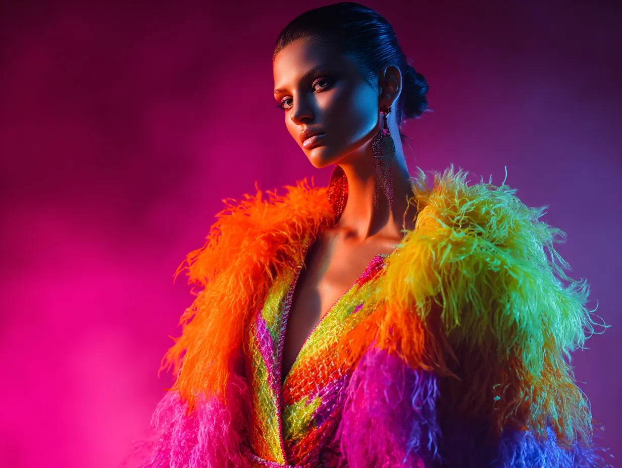 High contrast portrait of a model in opulent vividly colored clothing