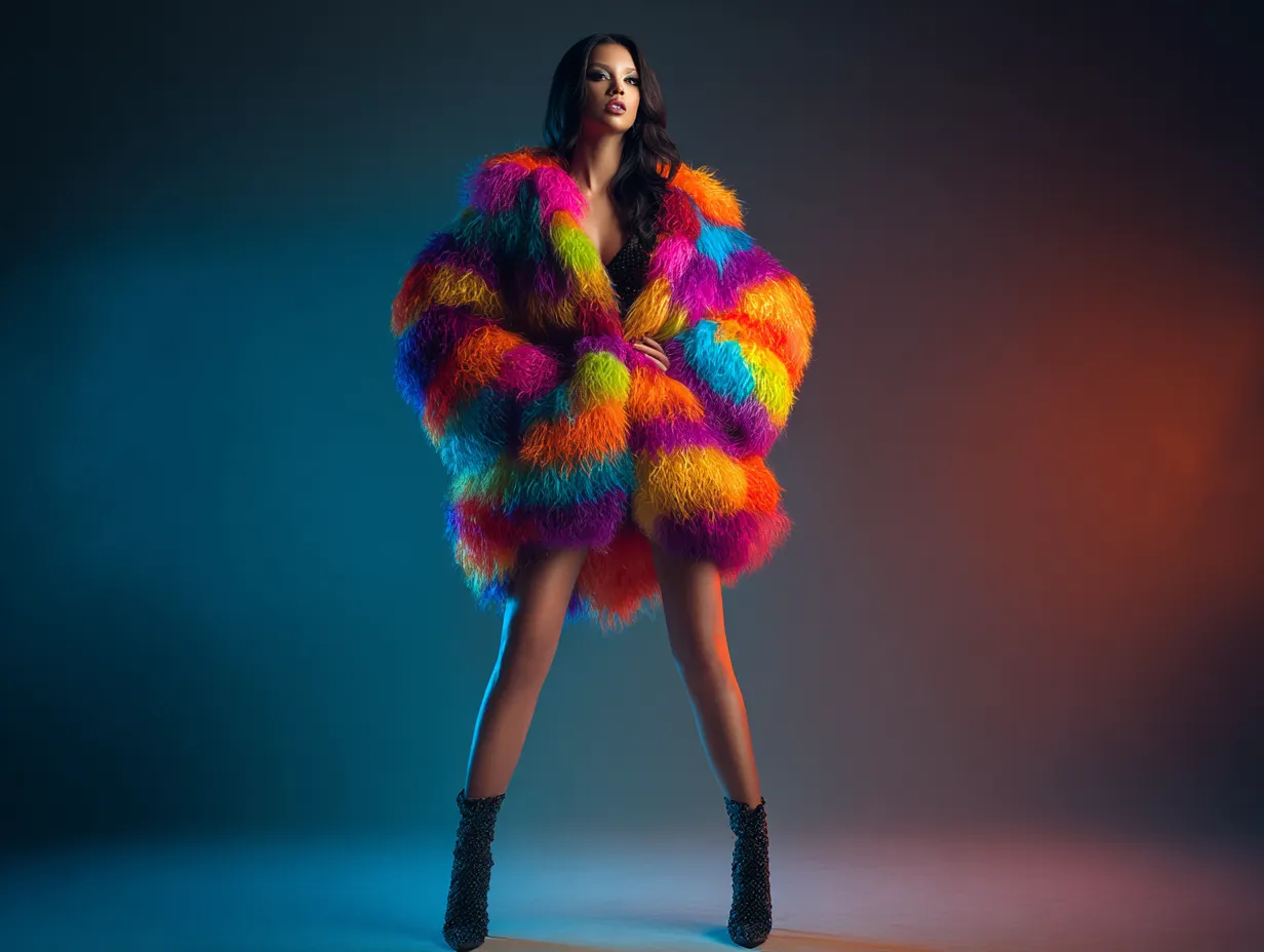 Fashion editorial highlighting layers of vibrant dramatic garments