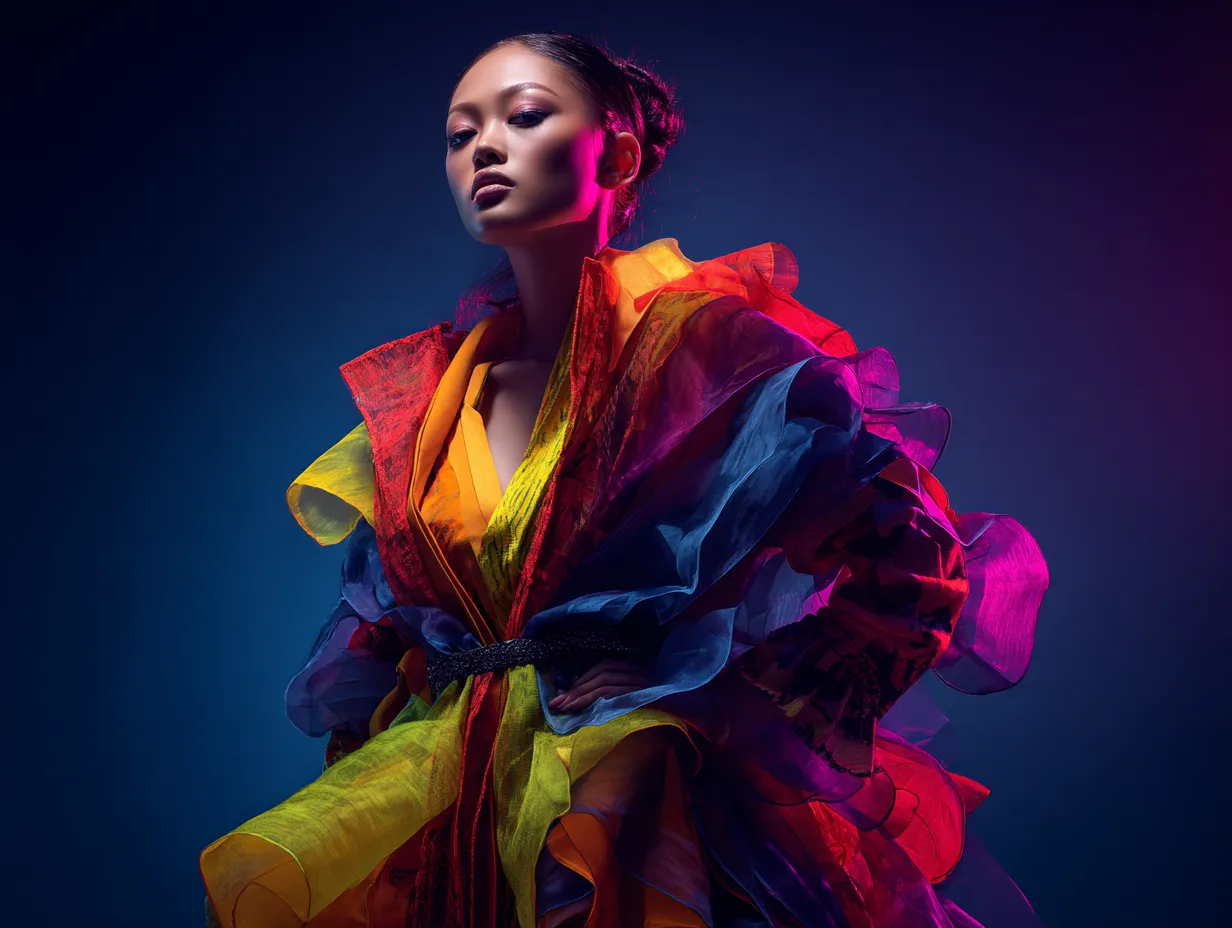 Sexy standing pose featuring dynamic and striking extravagant style