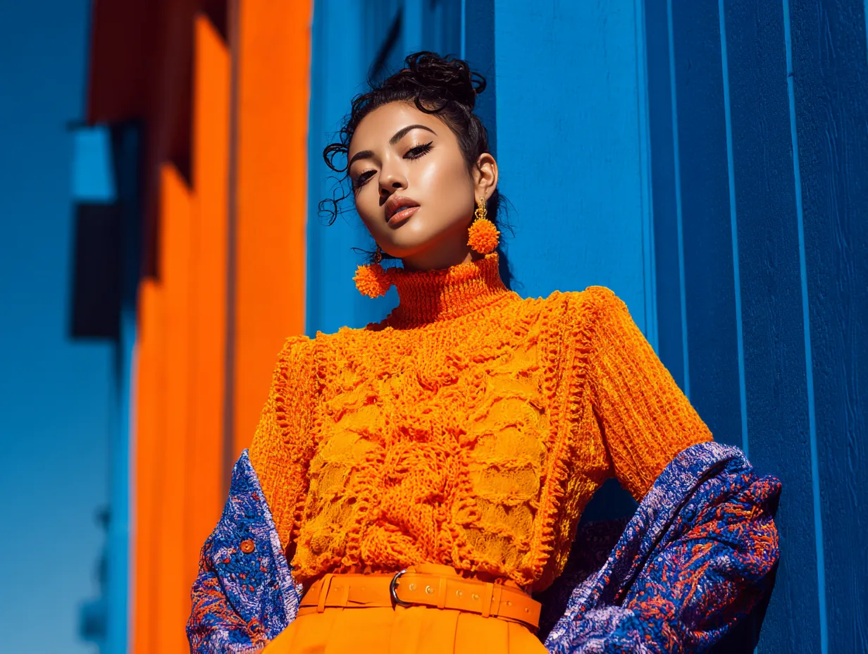 Model in bright studio wearing highly textured everyday clothing