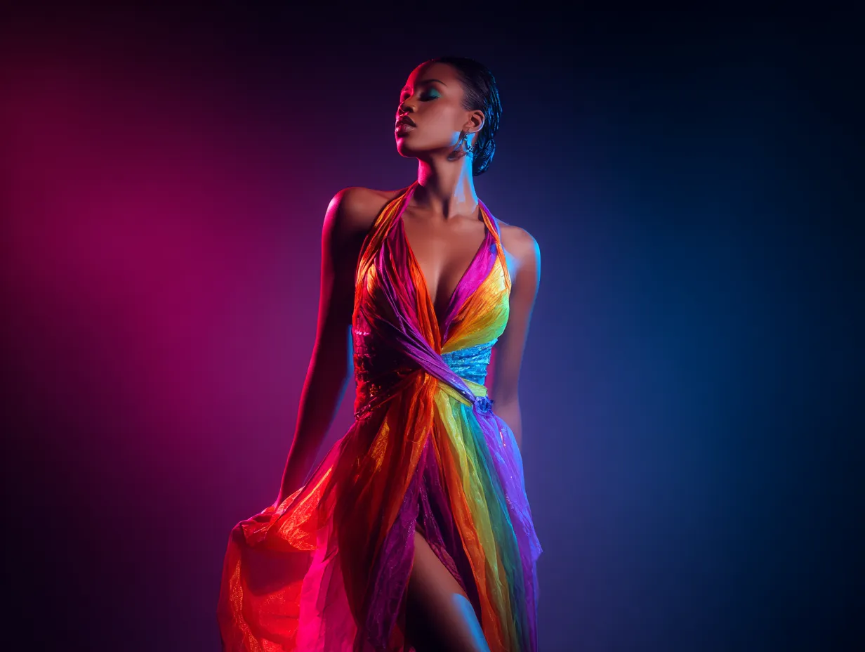Sexy standing fashion model showing confident color mixing