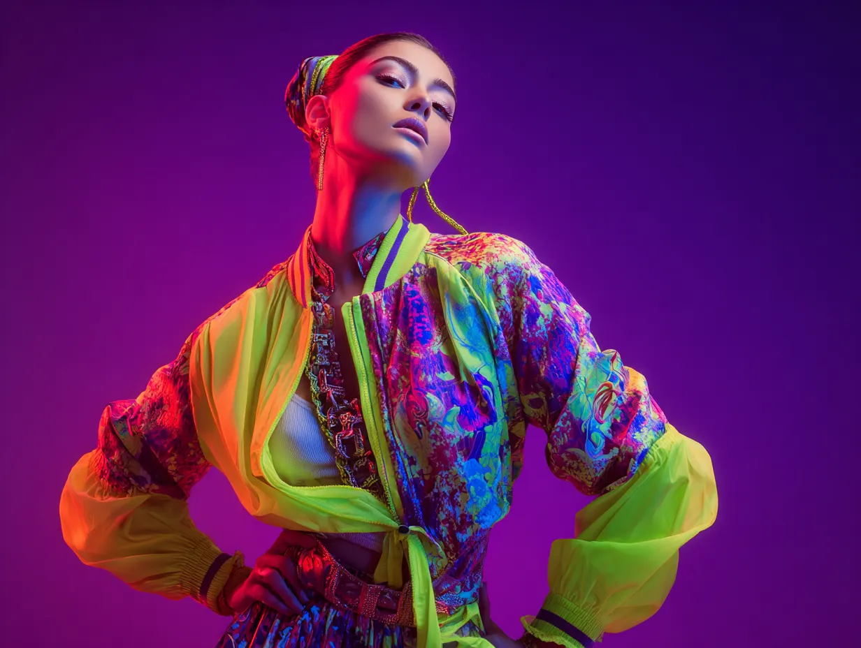 Luxurious studio photoshoot of model in vivid neon and jewel tones