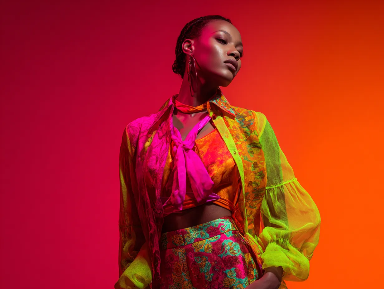 High contrast styling of elevated and vibrant clothing combinations