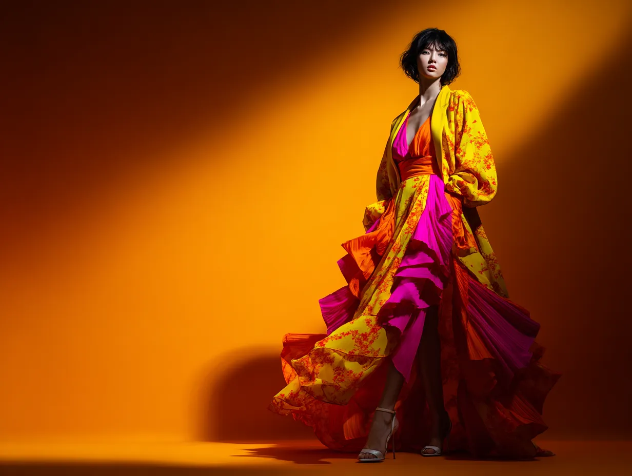 Bright studio shot of a model wearing loud opulent layers