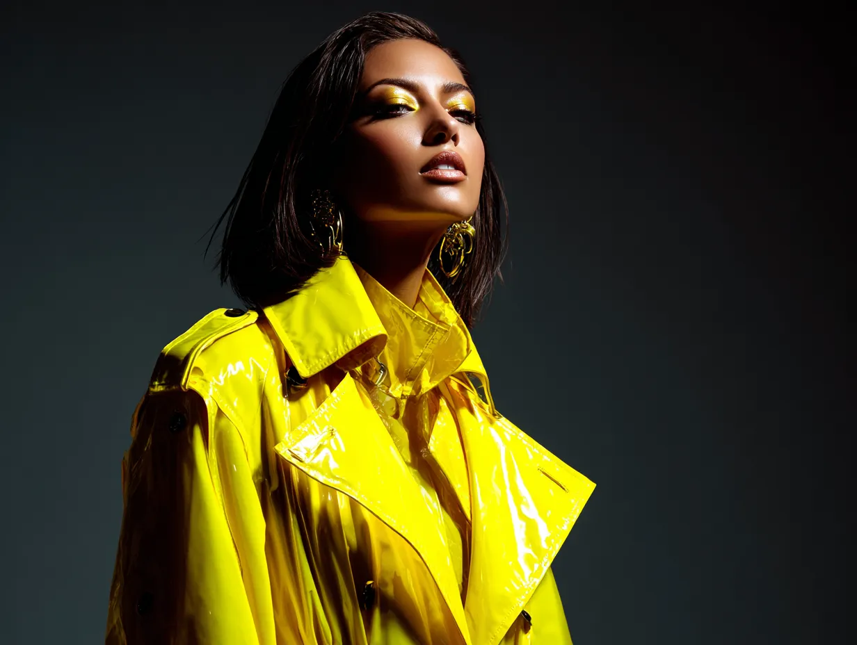 Model wearing a high gloss yellow trench coat for modern styling