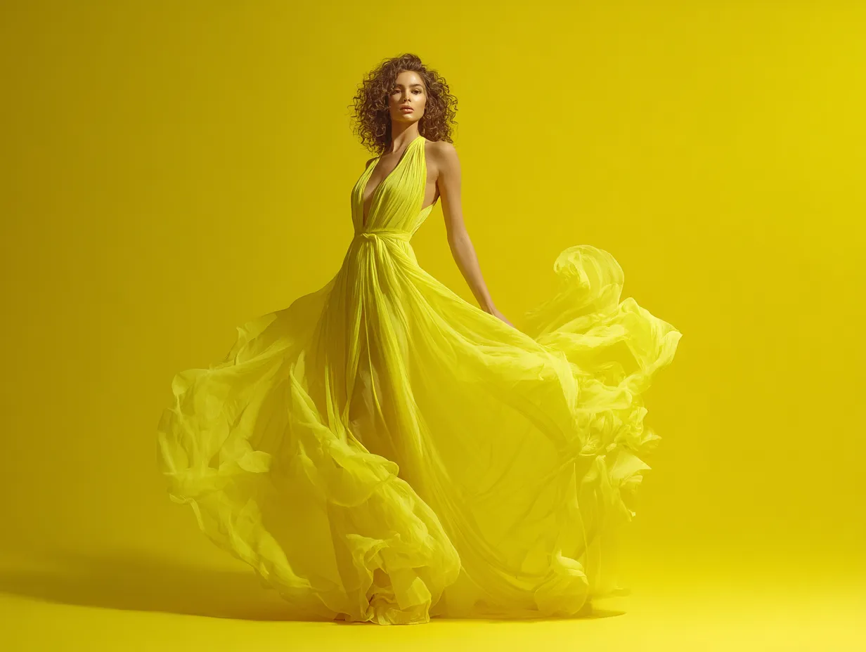 Super sexy fashion model showcasing bright citrus clothing