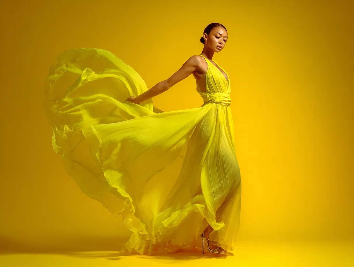High fashion dopamine dressing with a sheer yellow gown