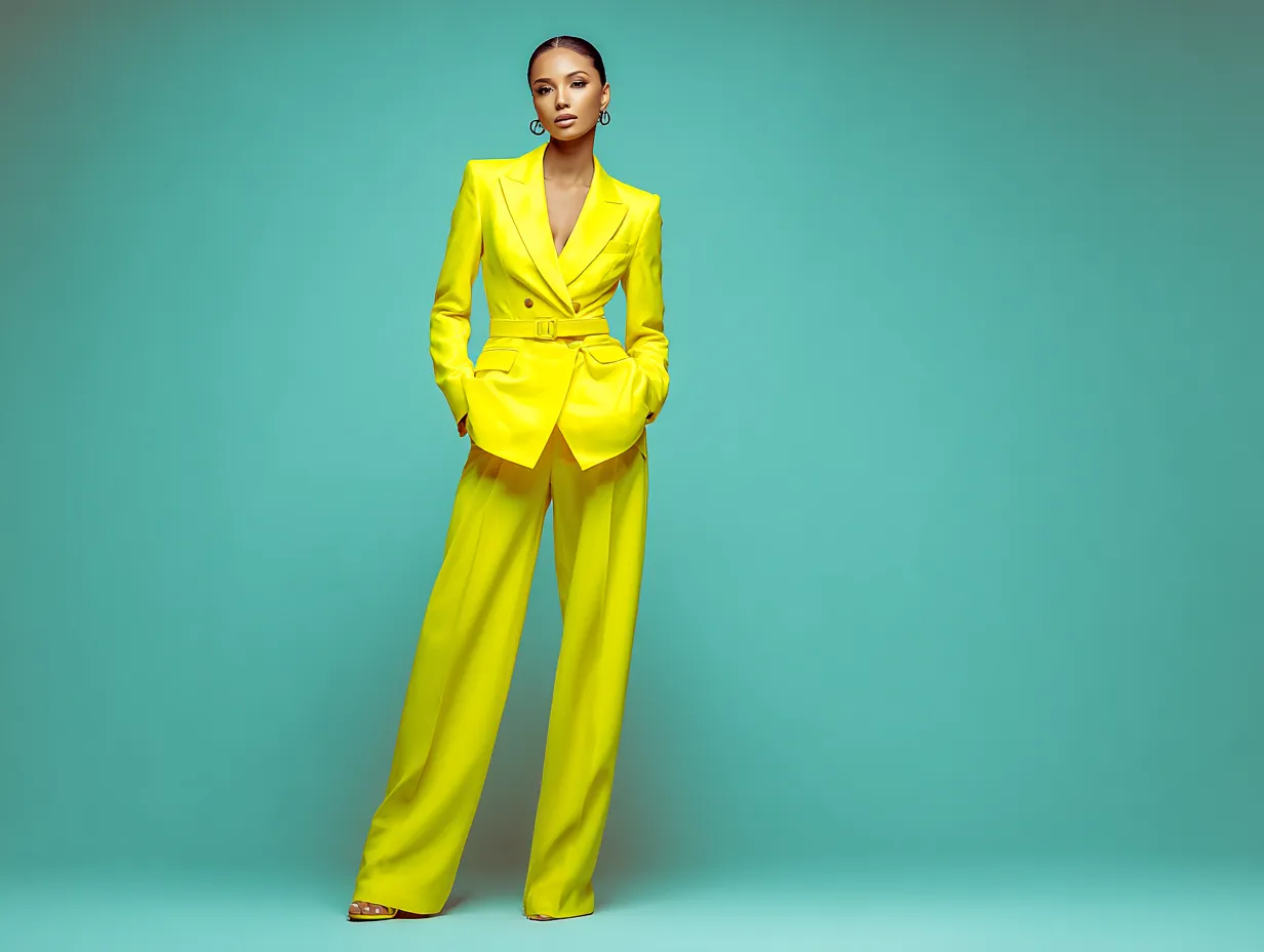 High fashion model in a vibrant citrus colored outfit