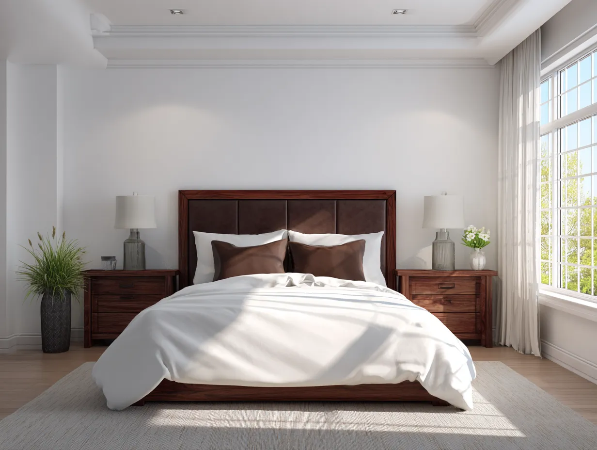 Bright morning light highlighting warm bedroom styling.