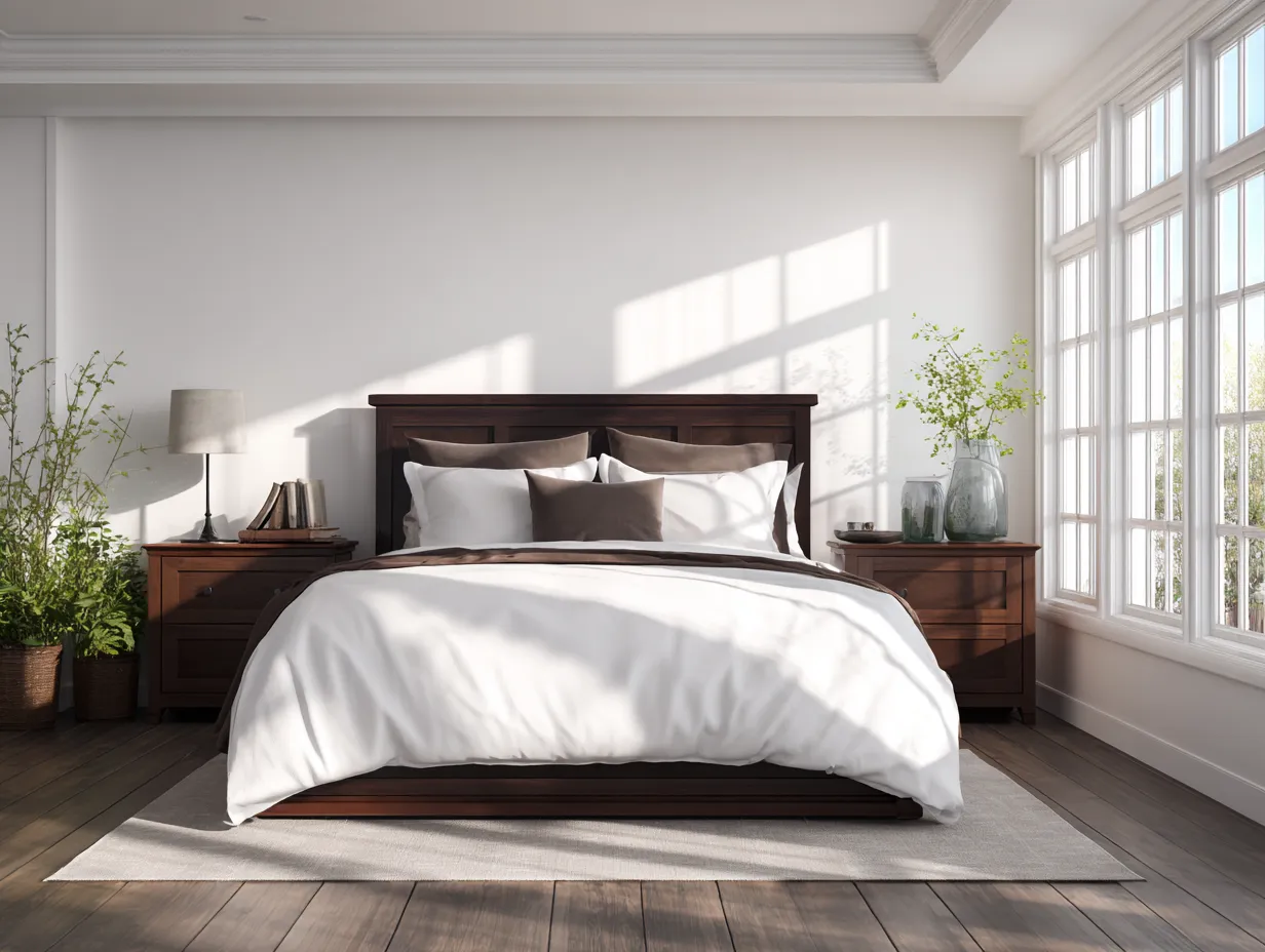 High contrast modern bedroom showcasing rich cocoa elements.