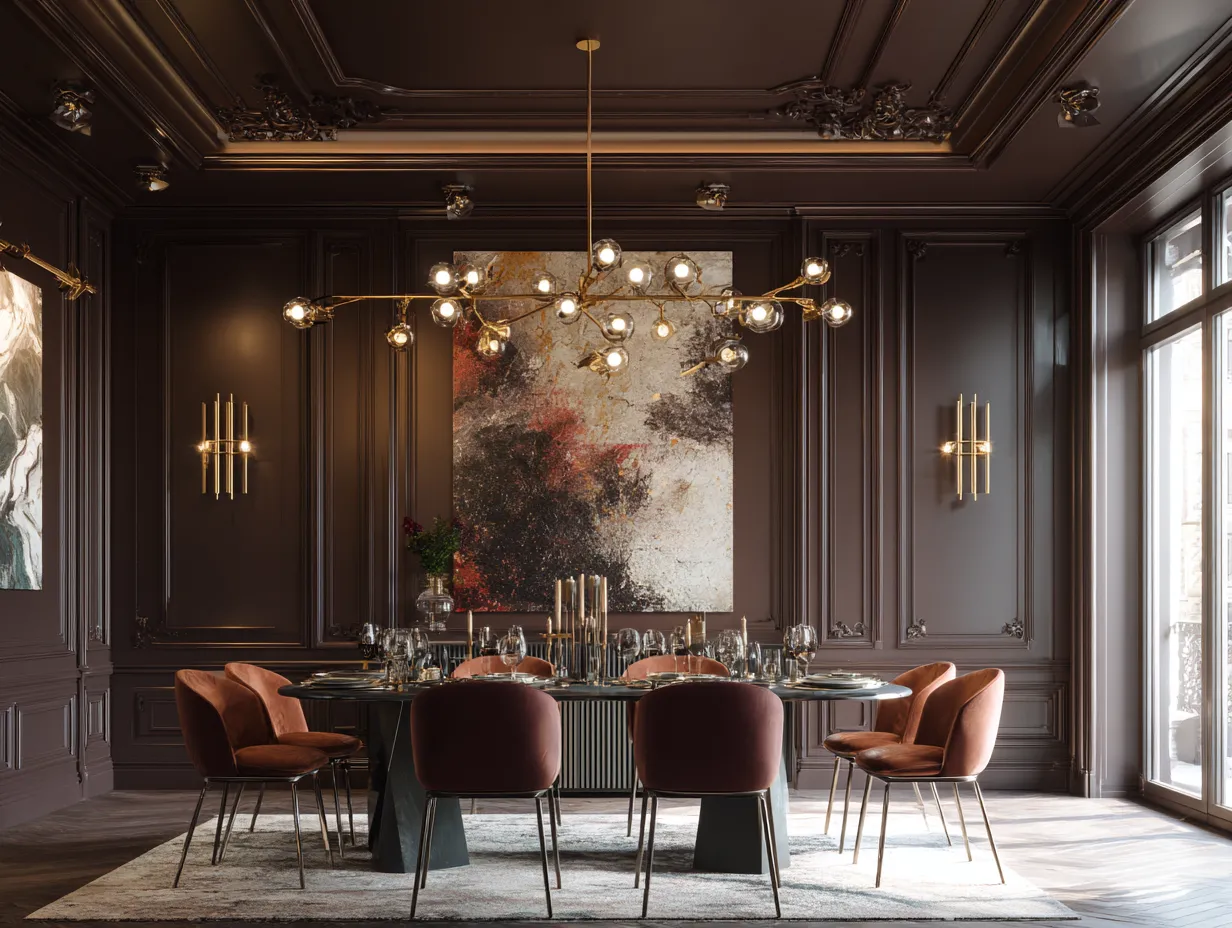 Brightly lit paneled walls in a dining space.