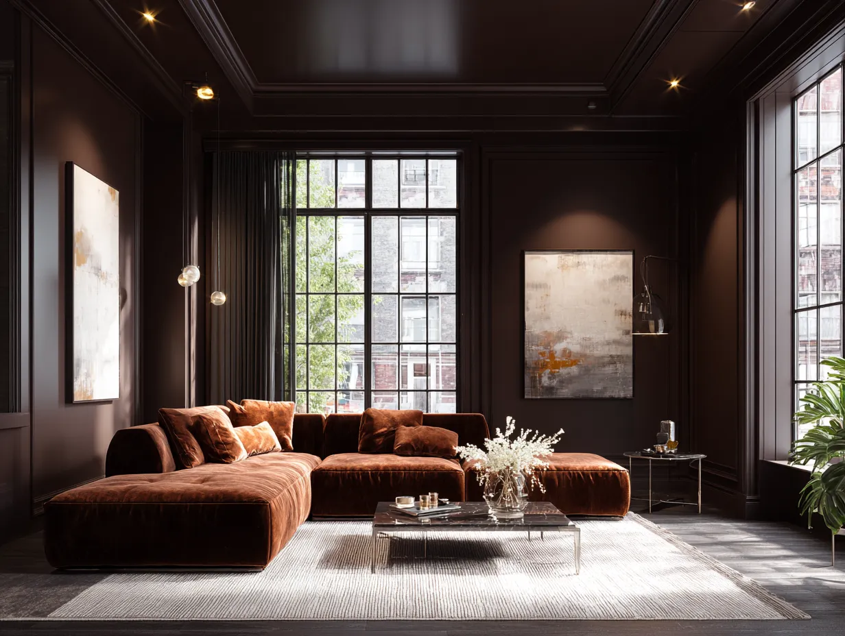 Modern living room painted in a rich dark cocoa shade.
