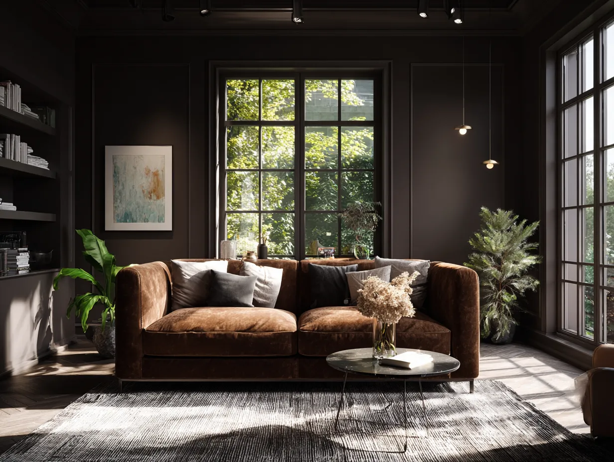 Warm interior design featuring a plush velvet sofa
