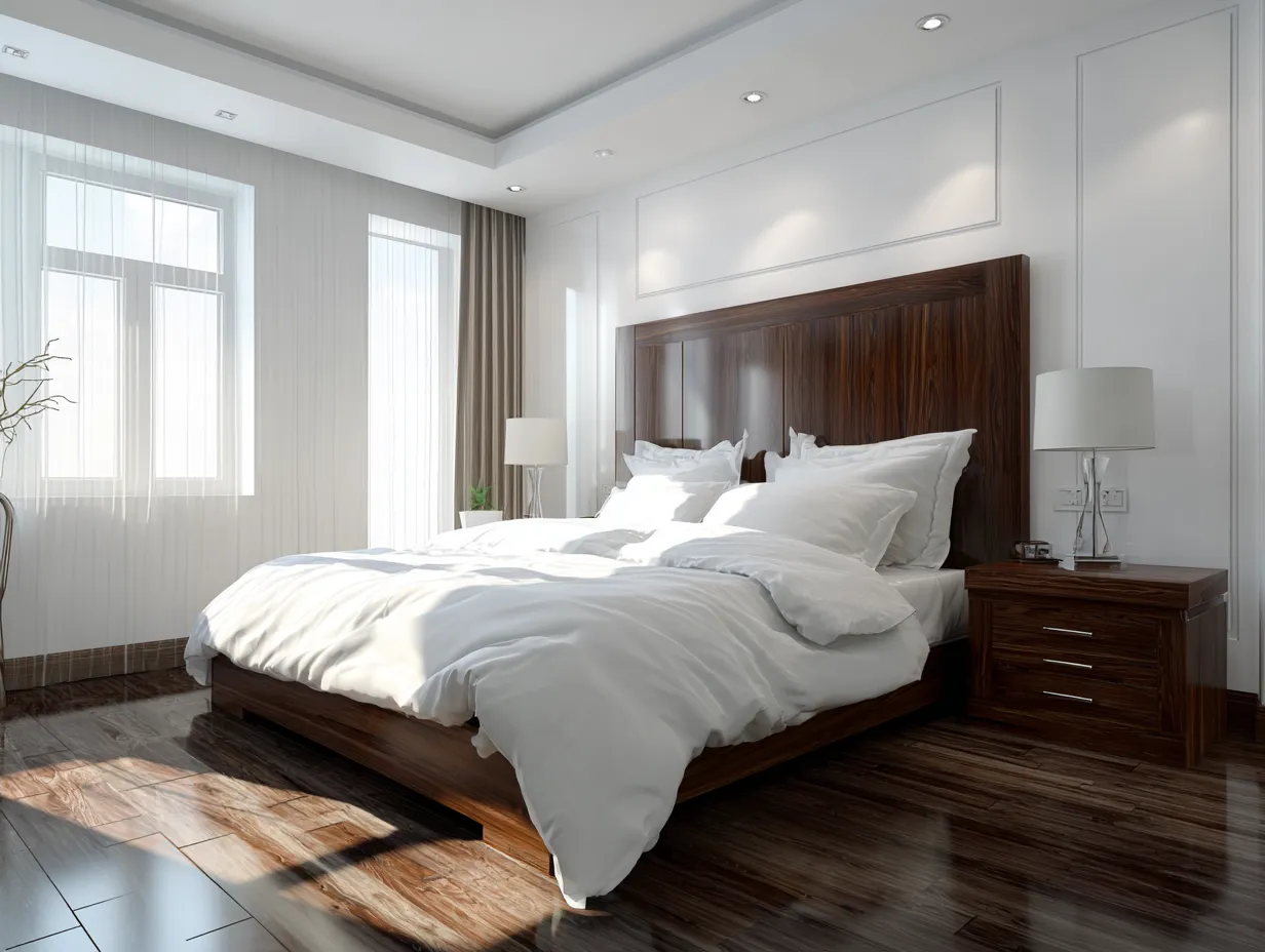 Cozy bedroom styling featuring dark wooden furniture.