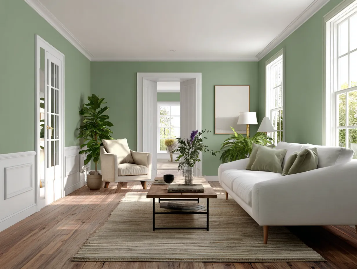 High contrast room with green painted walls and white linen sofa